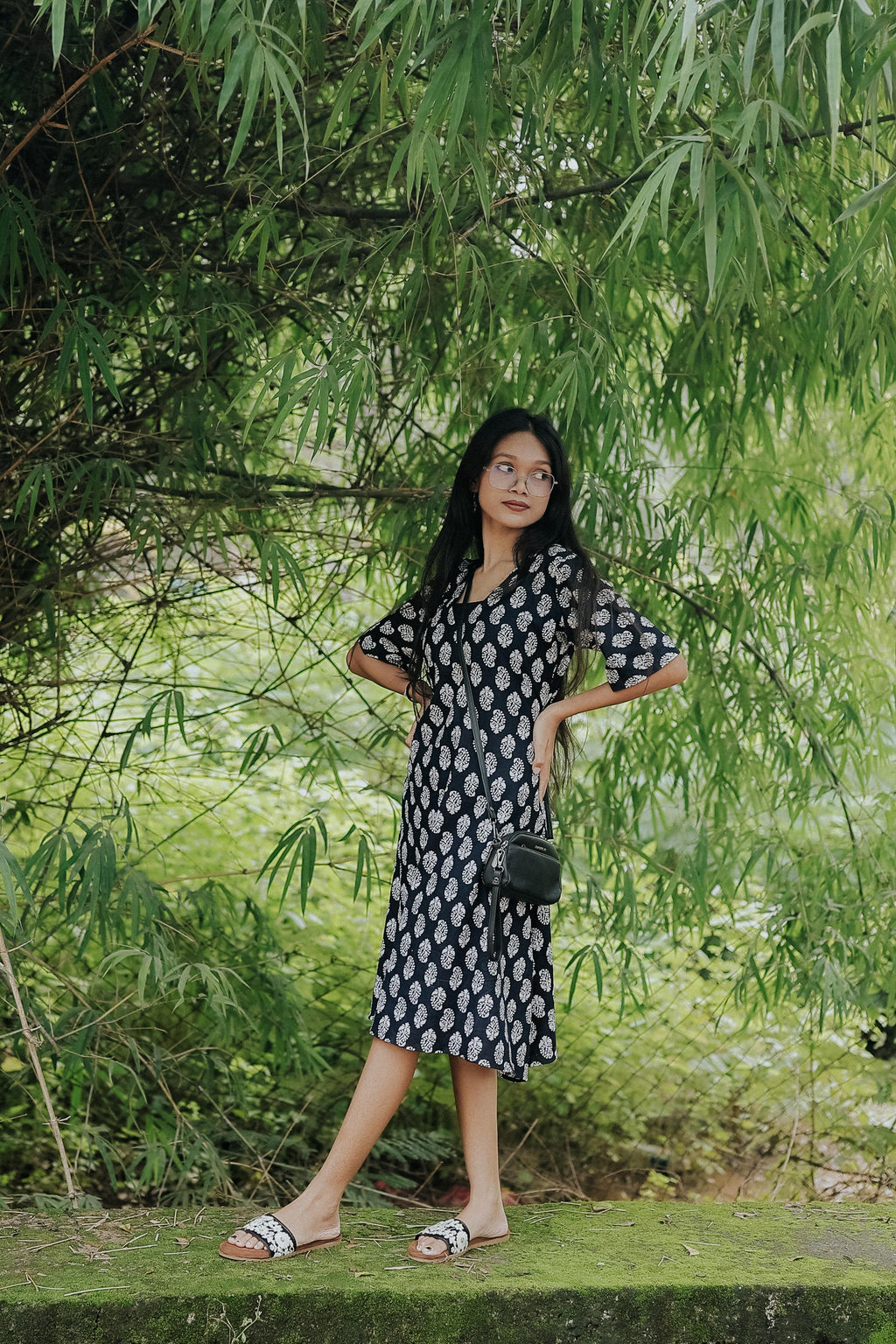 Indigo Handblock Wrap Dress with Leaf Motif