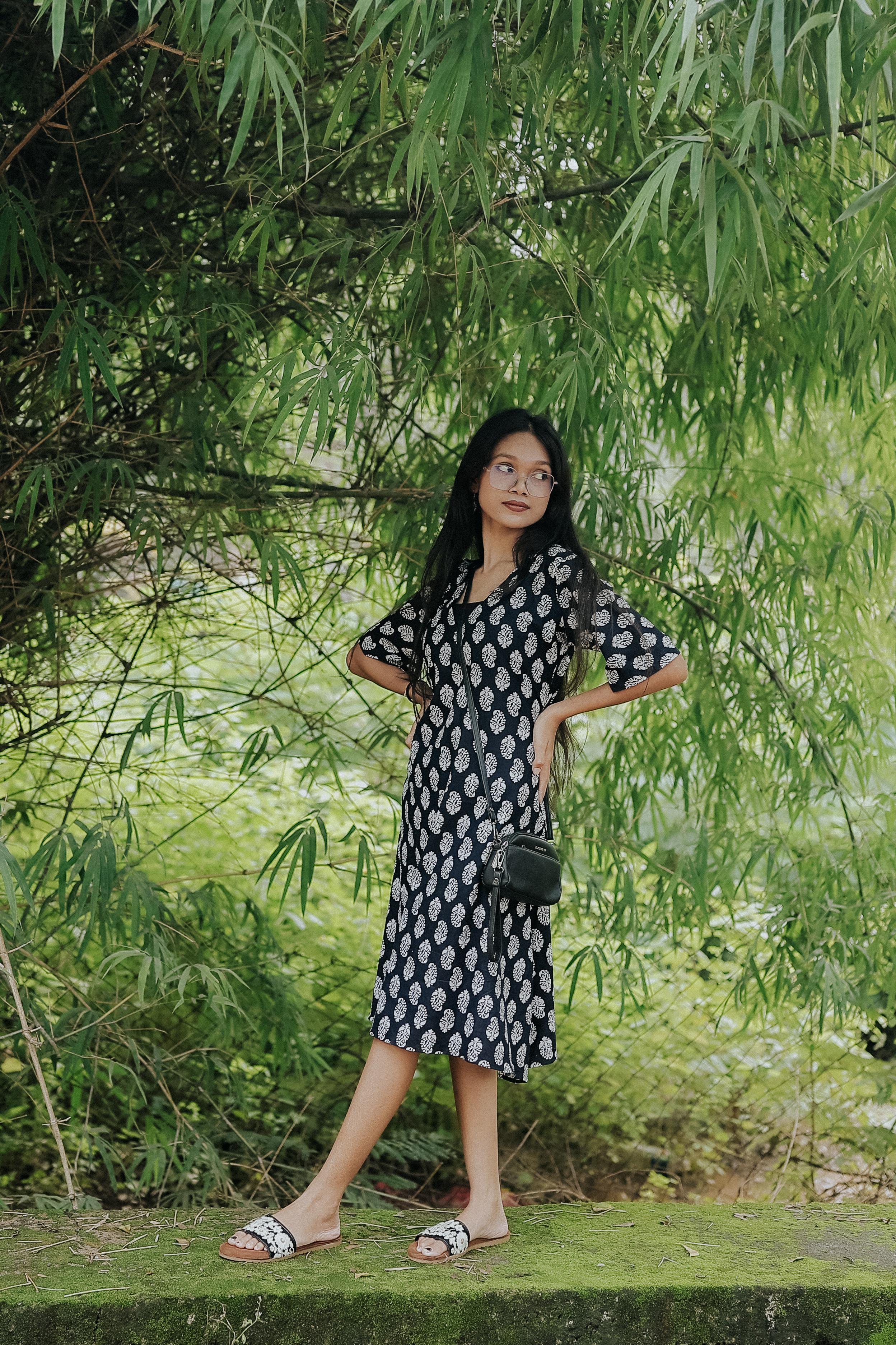 Indigo Handblock Wrap Dress with Leaf Motif