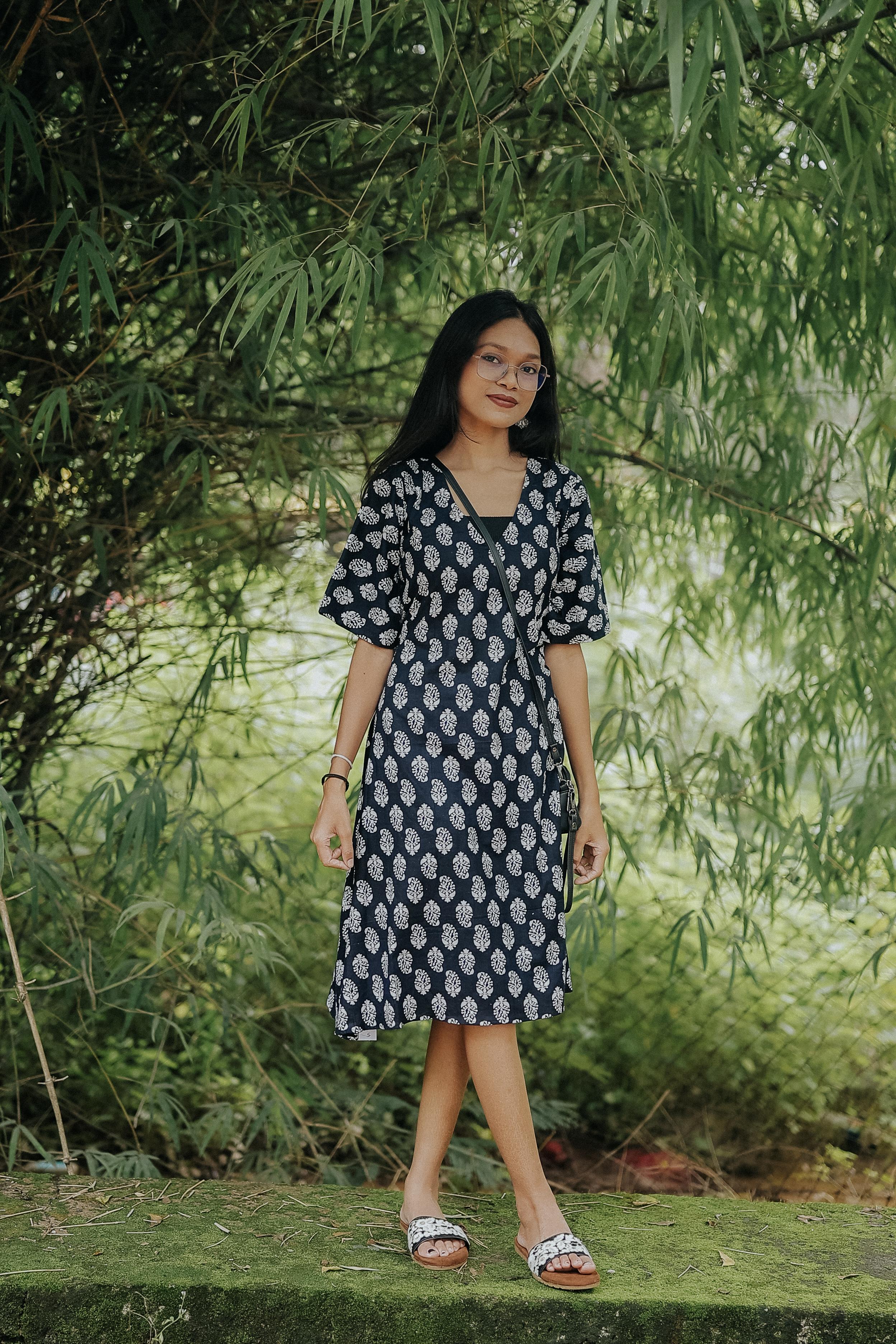 Indigo Handblock Wrap Dress with Leaf Motif