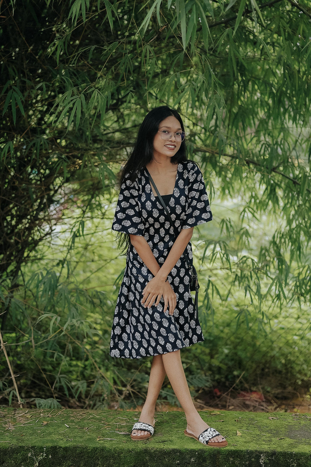 Indigo Handblock Wrap Dress with Leaf Motif