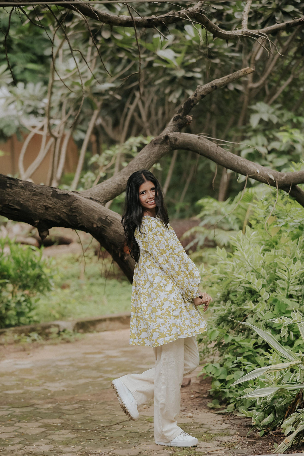 Lime Green Floral Cotton Peplum Kurti with Balloon Sleeves