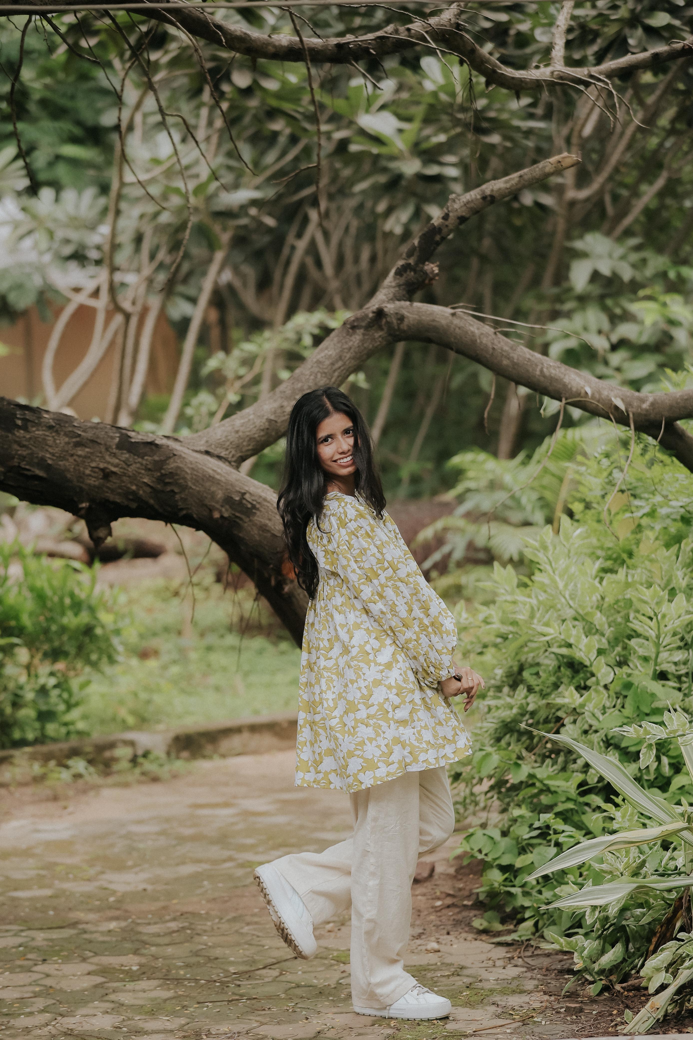 Lime Green Floral Cotton Peplum Kurti with Balloon Sleeves