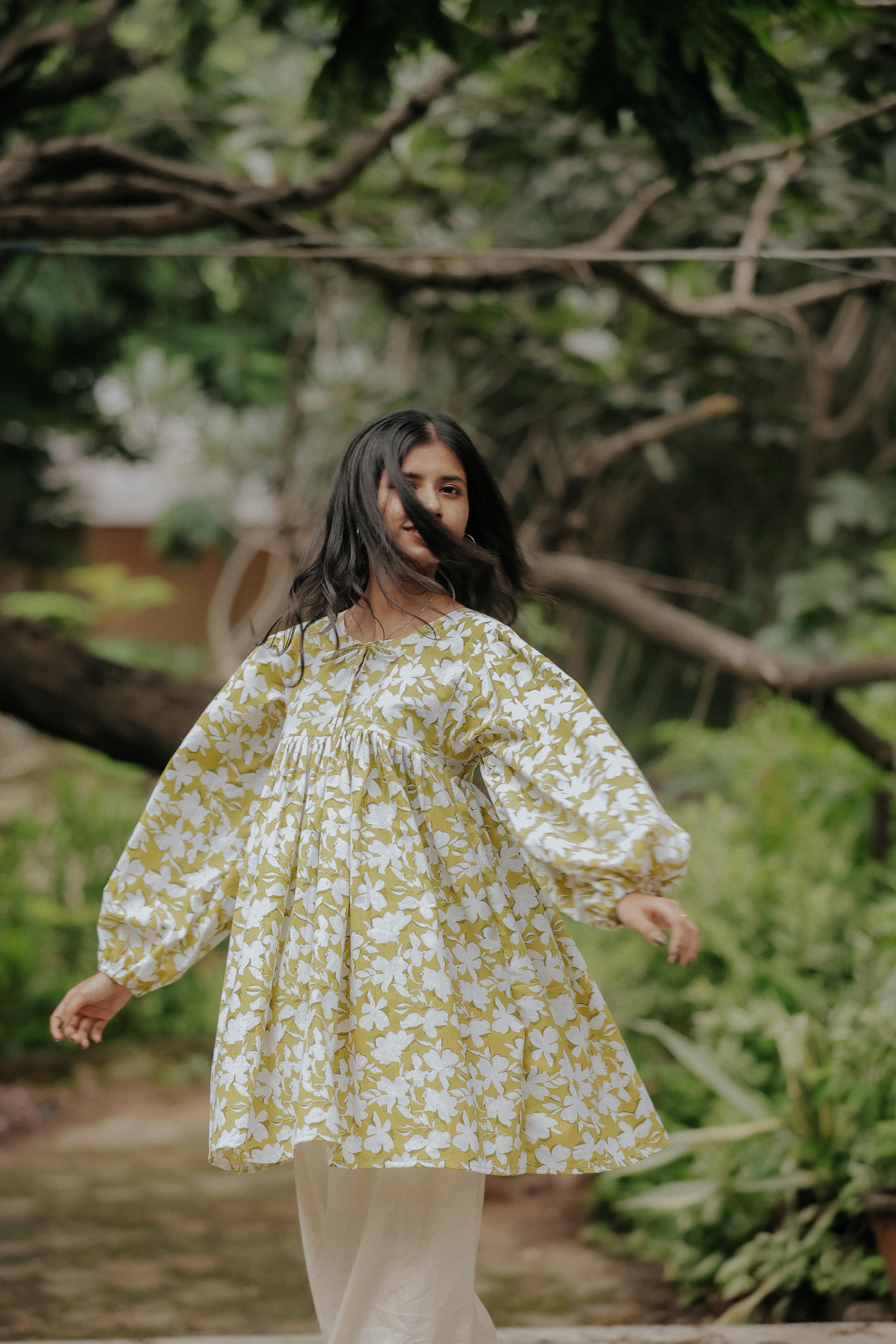 Lime Green Floral Cotton Peplum Kurti with Balloon Sleeves