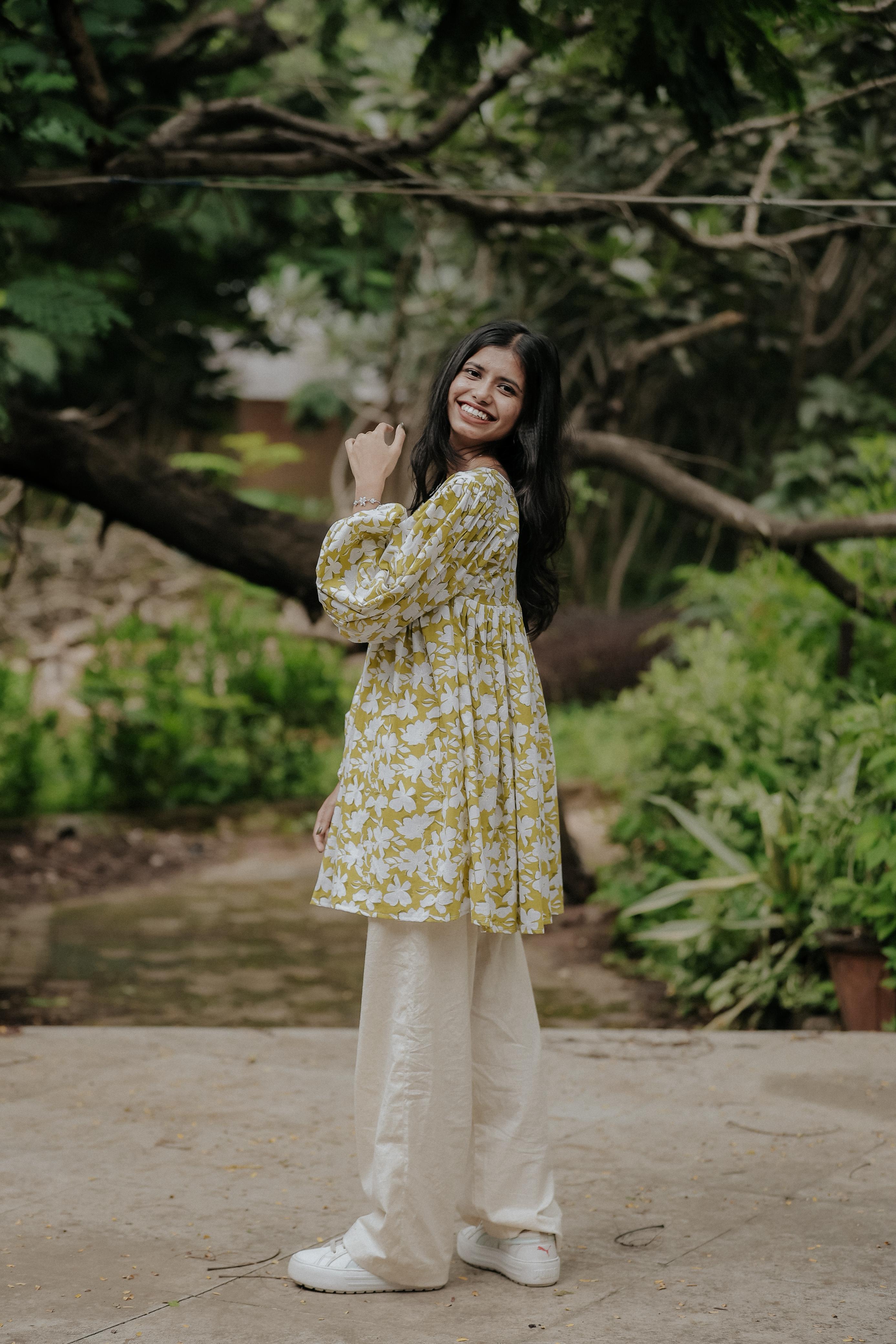 Lime Green Floral Cotton Peplum Kurti with Balloon Sleeves