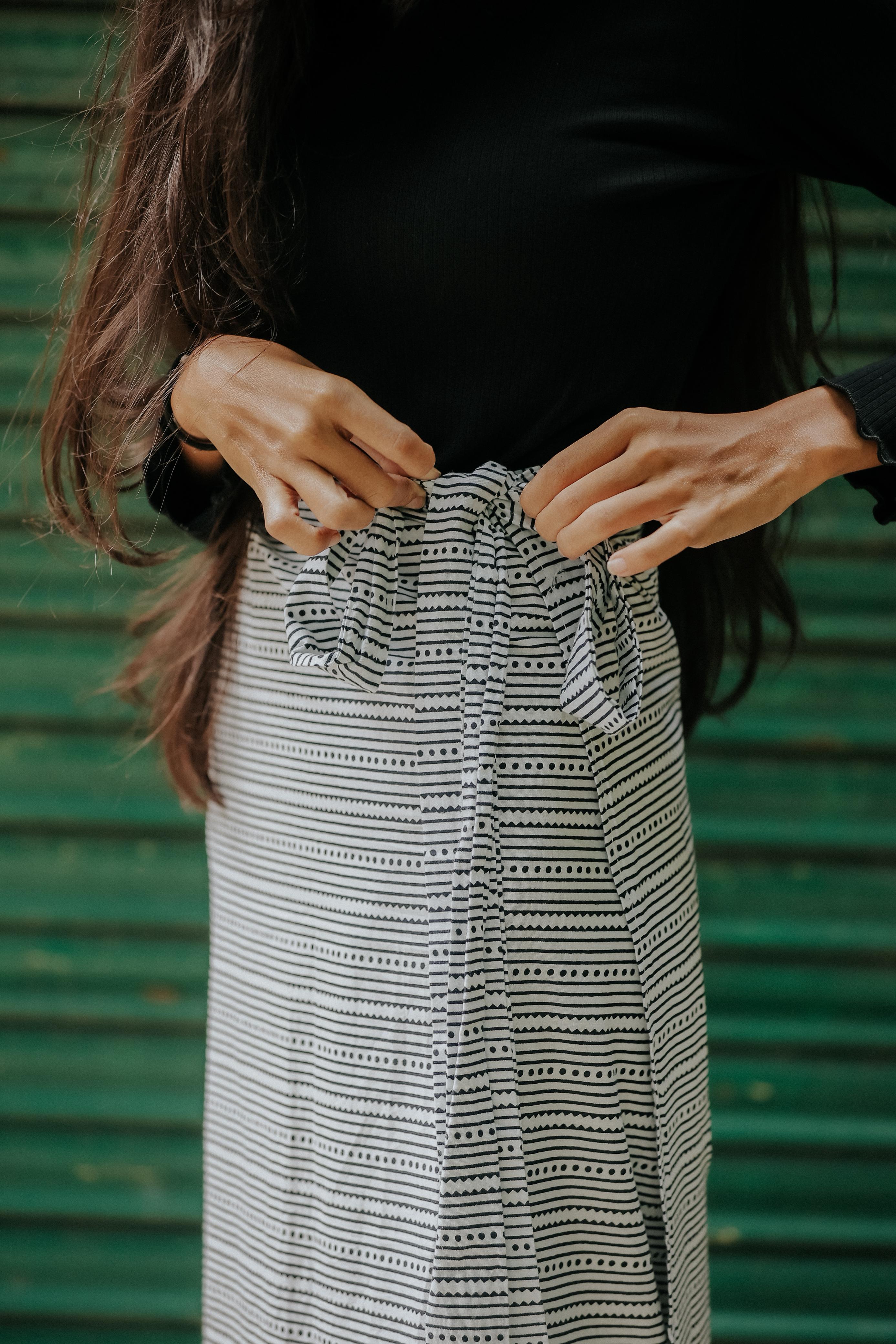 Monochrome Printed Wrap Skirt with Waist Tie-Up