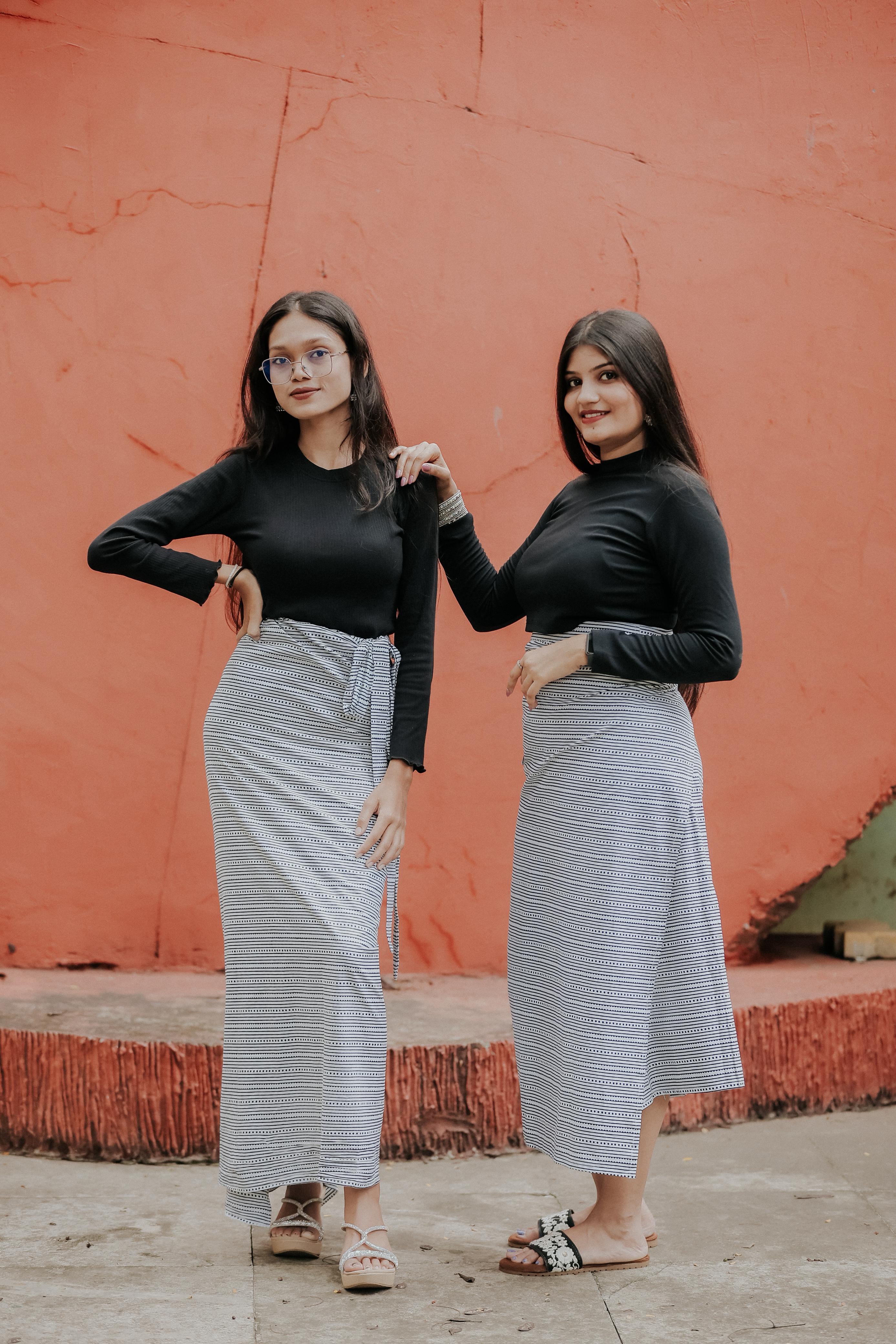 Monochrome Printed Wrap Skirt with Waist Tie-Up