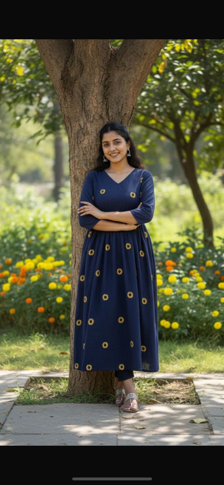 Midnight Blossom Cotton A Line Kurti