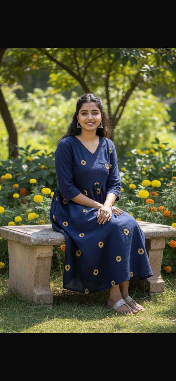 Midnight Blossom Cotton A Line Kurti