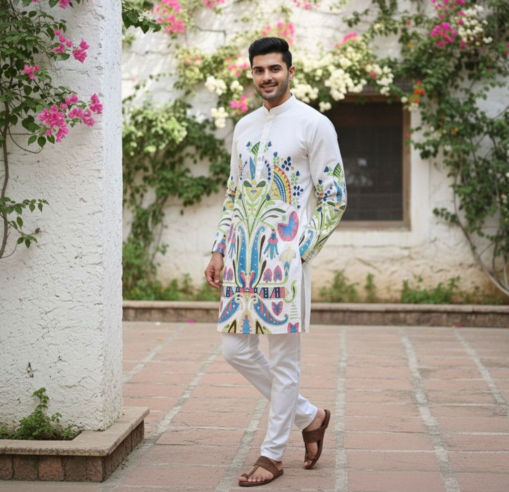 🌿 Ivory Regal Print Cotton Kurta