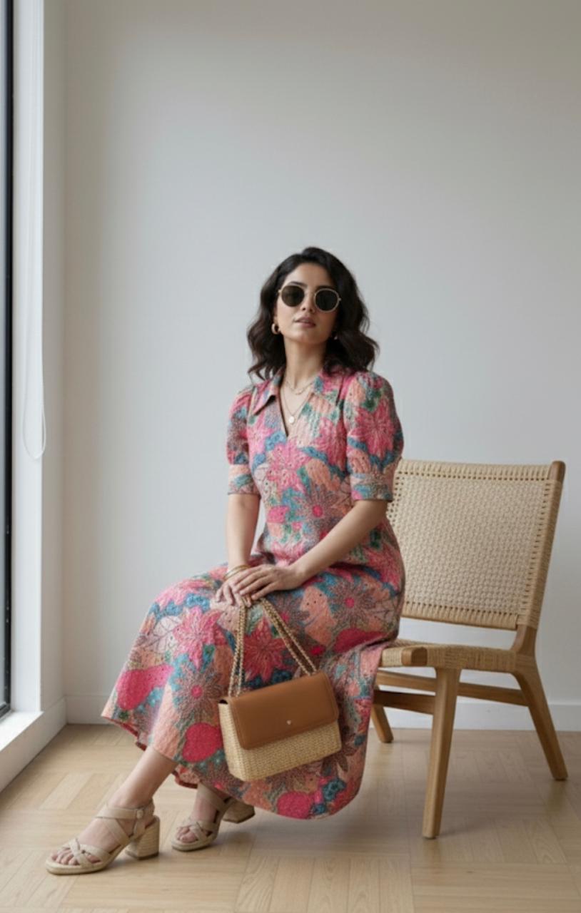 Floral Puff-Sleeve Midi Dress