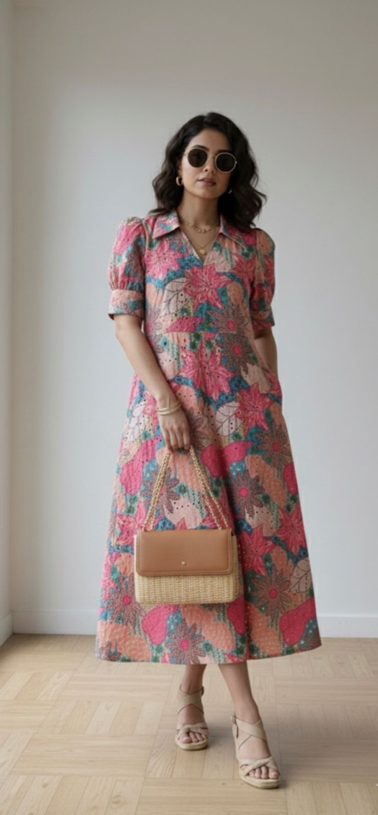 Floral Puff-Sleeve Midi Dress