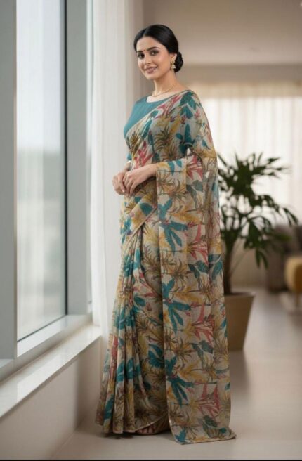 Organza leaf print saree